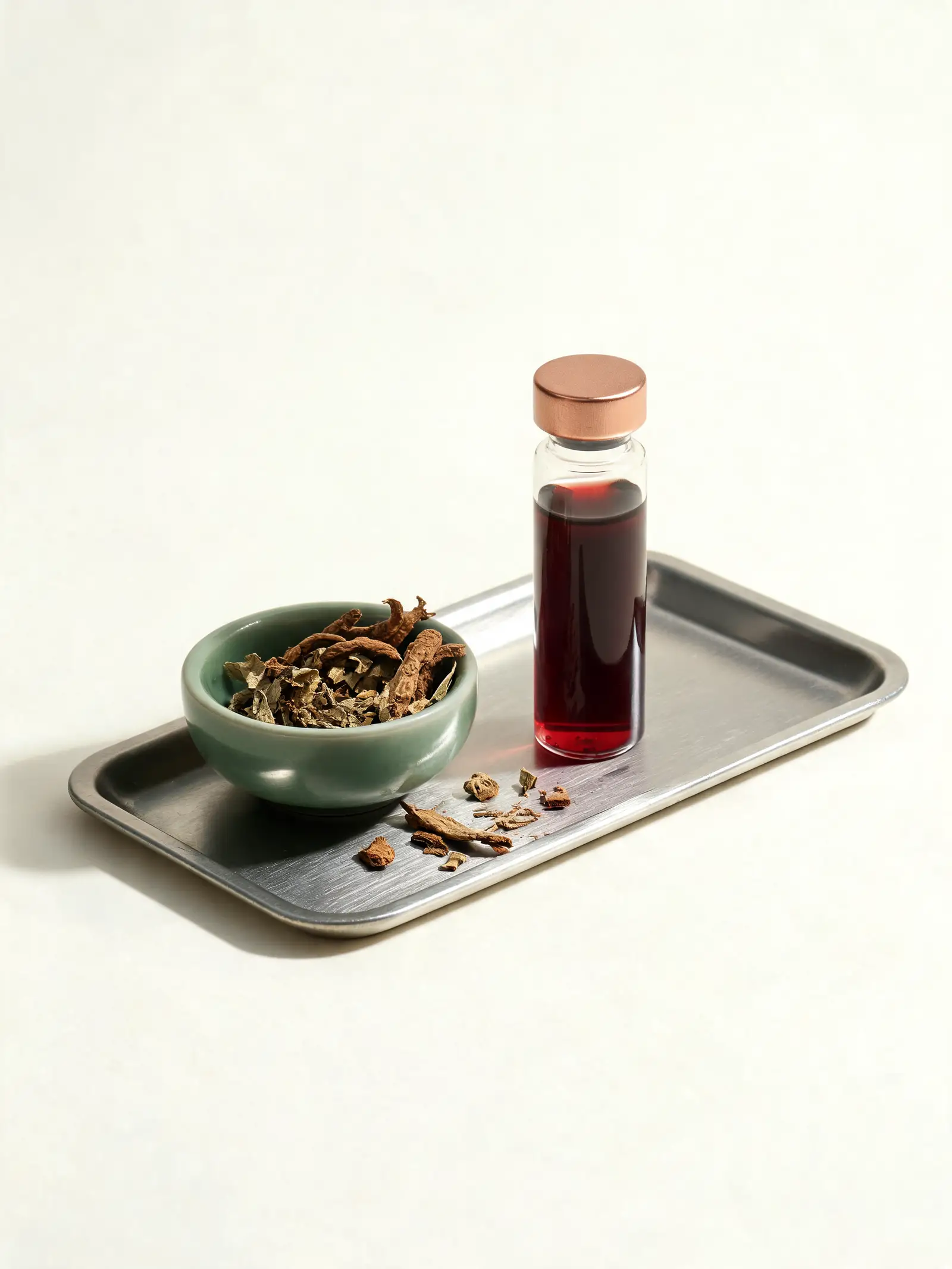 Traditional herbs beside a blood sample on a clinical tray